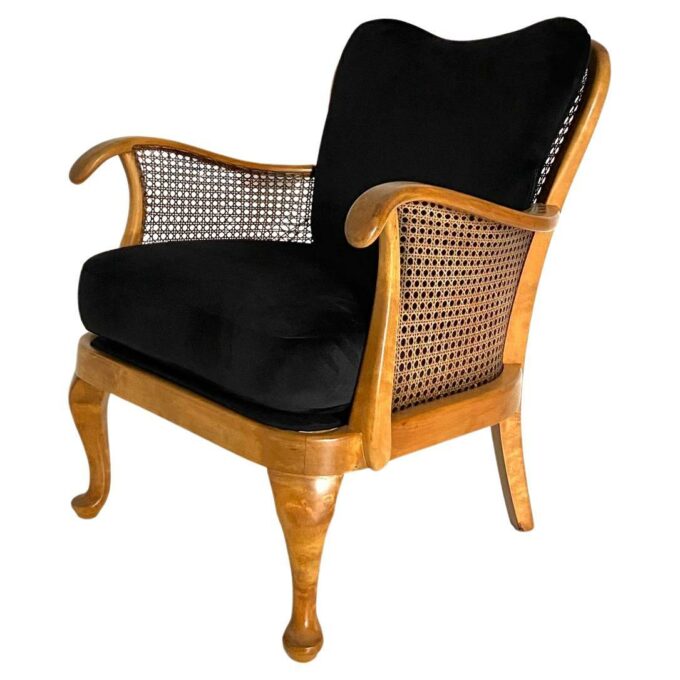 Cane armchair with black velvet cover, 1930 art deco, France