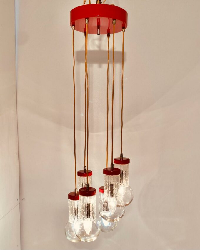 Vintage red chandelier, stilnovo style, 1950s Italy