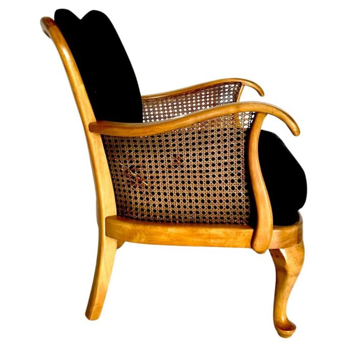 Cane armchair with black velvet cover, 1930 art deco, France