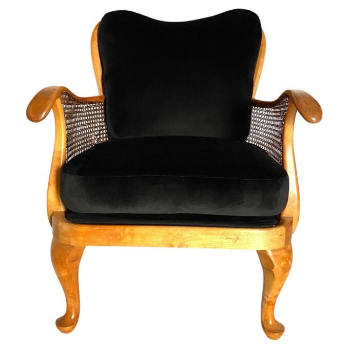 Cane armchair with black velvet cover, 1930 art deco, France