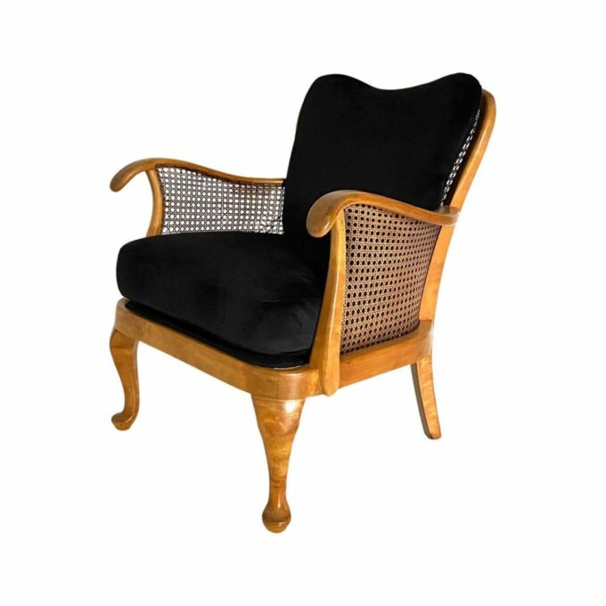 Cane armchair with black velvet cover, 1930 art deco, France