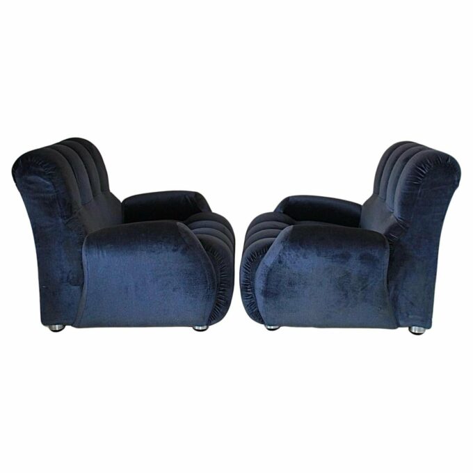 Vintage Blue Velvet Armchairs, Set of Two, Italy 1980s