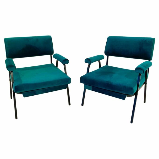 Green velvet lounge chairs, Set of Two, vintage, Italy, 1960s