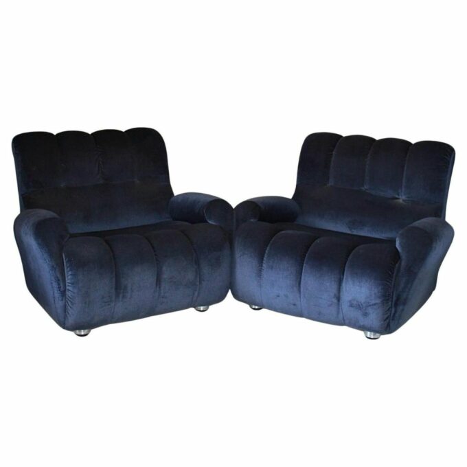 Vintage Blue Velvet Armchairs, Set of Two, Italy 1980s