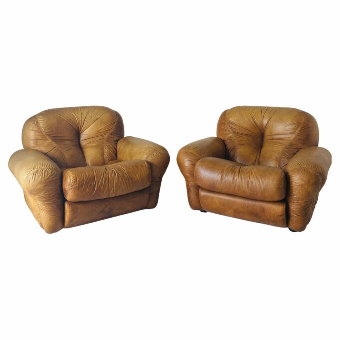 Brown leather lounge chairs, "Sapporo" model , Girgi mobili, Italy 1970s