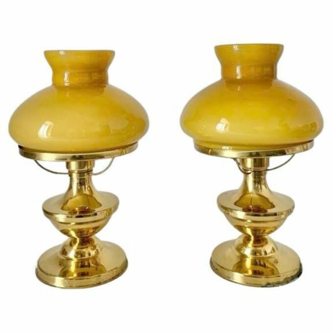 Pair of art deco style lamps in brass and coloured opaline, Italy 1940s