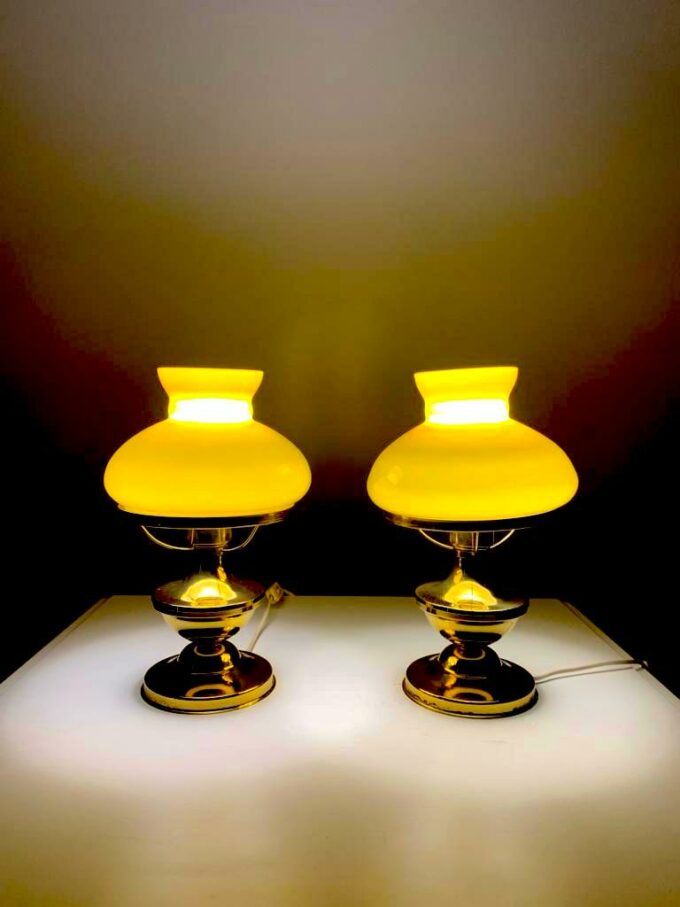 Pair of art deco style lamps in brass and coloured opaline, Italy 1940s