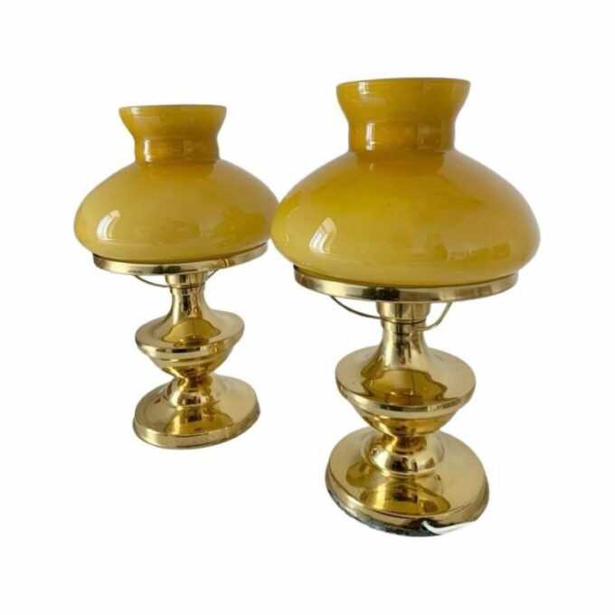 Pair of art deco style lamps in brass and coloured opaline, Italy 1940s