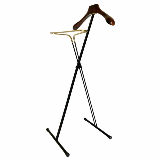 Vintage folding valet stand in wood, iron and brass, Reguitti, Italy