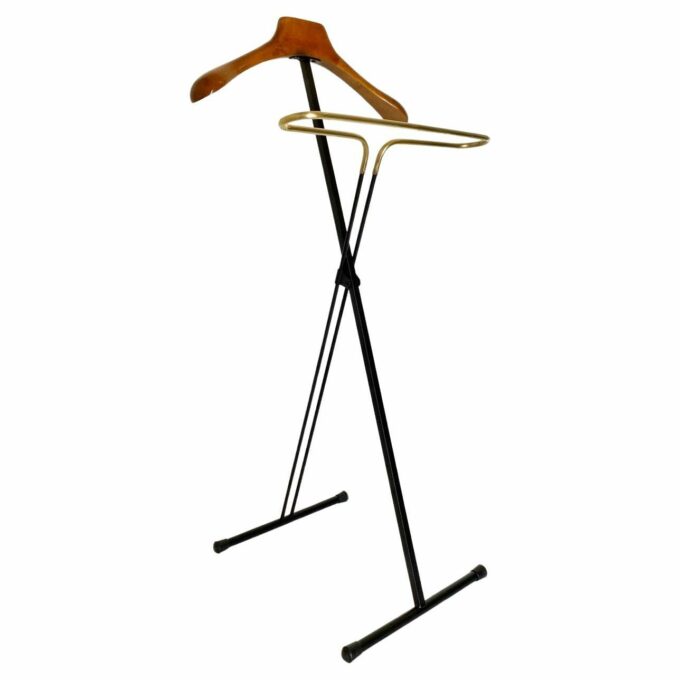 Vintage folding valet stand in wood, iron and brass, Reguitti, Italy