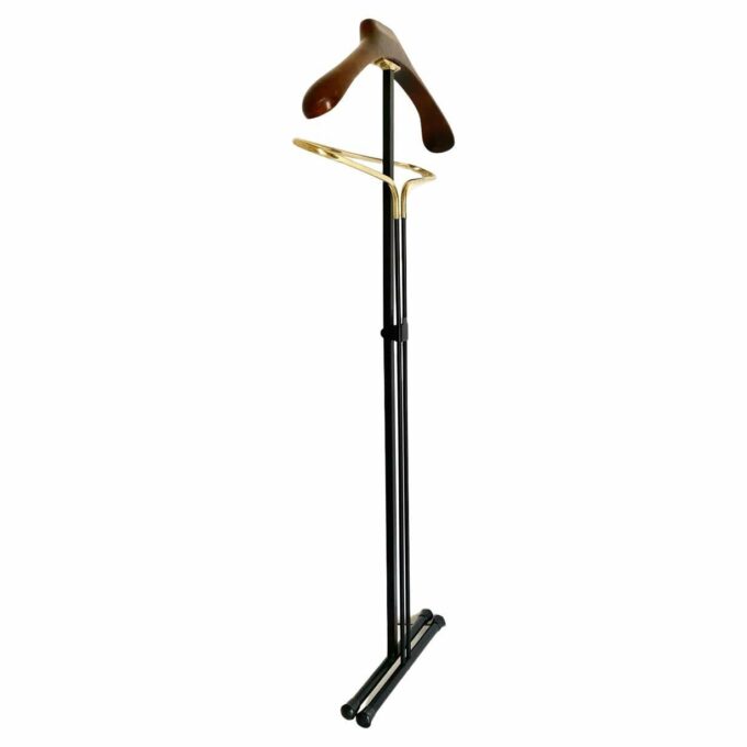 Vintage folding valet stand in wood, iron and brass, Reguitti, Italy