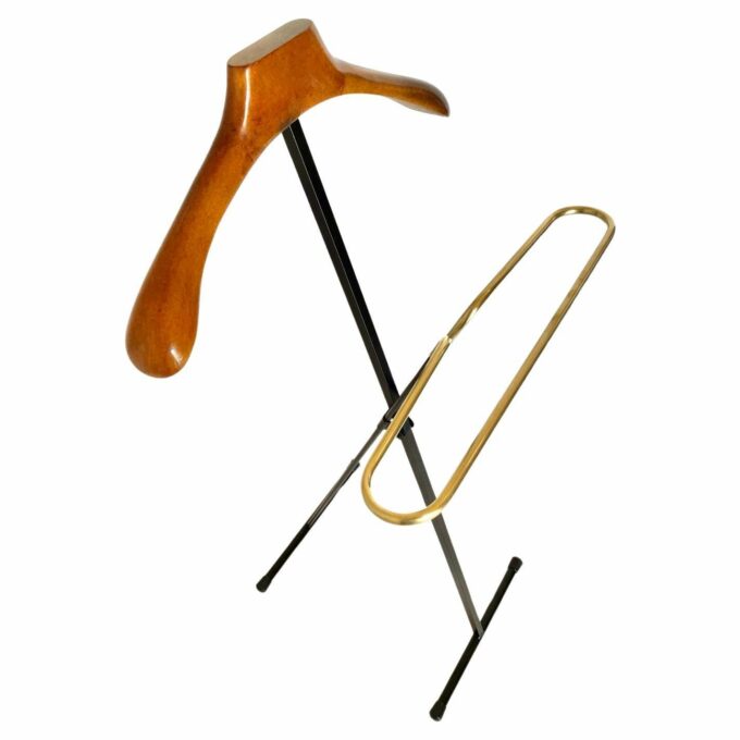 Vintage folding valet stand in wood, iron and brass, Reguitti, Italy