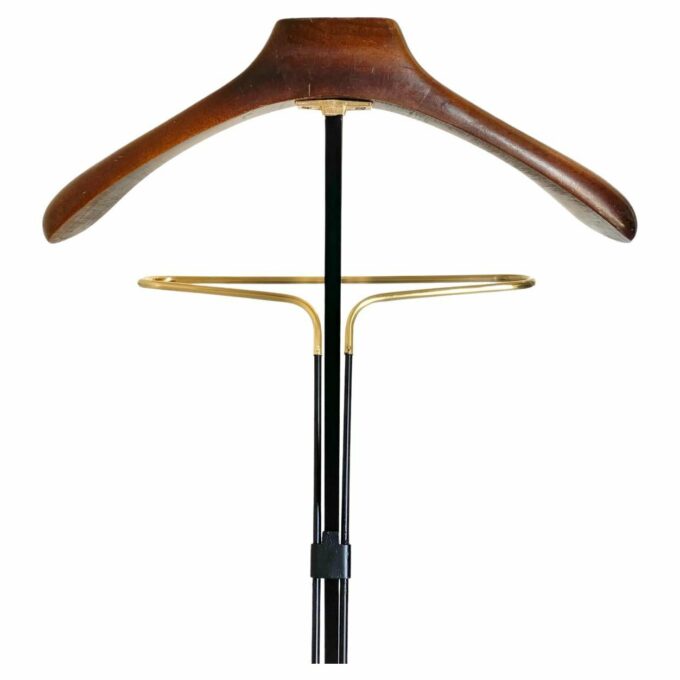 Vintage folding valet stand in wood, iron and brass, Reguitti, Italy