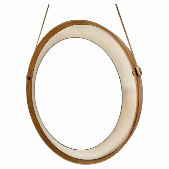 Round mirror with wood and faux leather frame, Italy 1960s