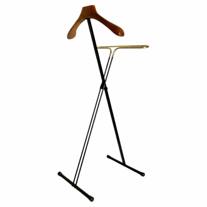 Vintage folding valet stand in wood, iron and brass, Reguitti, Italy