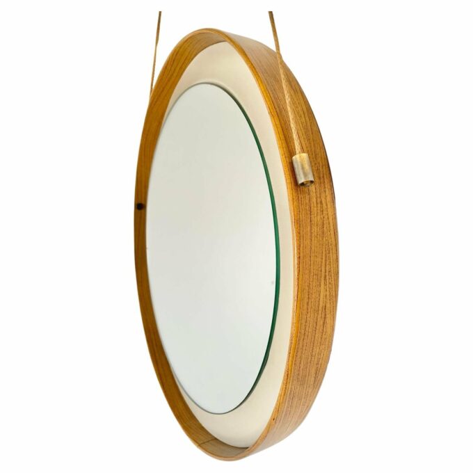 Round mirror with wood and faux leather frame, Italy 1960s