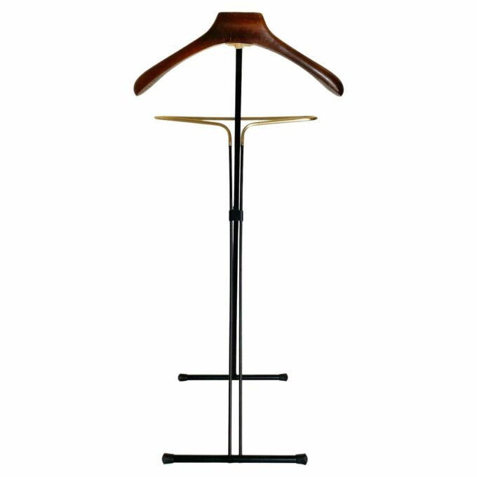 Vintage folding valet stand in wood, iron and brass, Reguitti, Italy