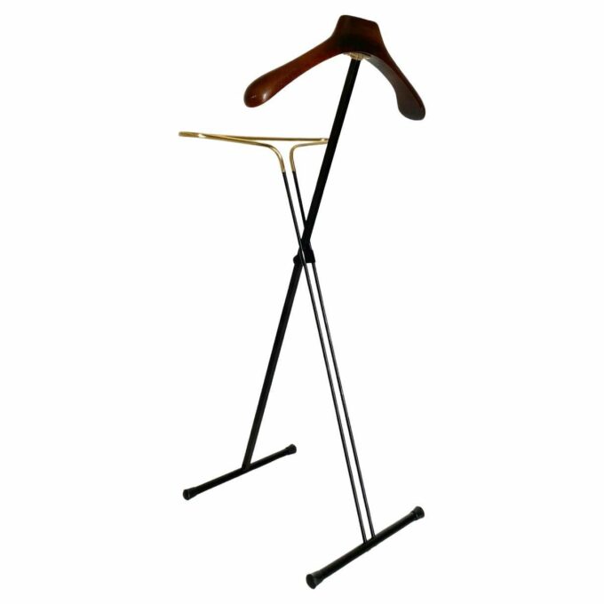 Vintage folding valet stand in wood, iron and brass, Reguitti, Italy