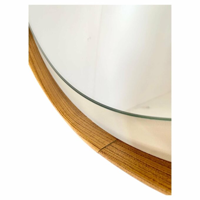 Round mirror with wood and faux leather frame, Italy 1960s