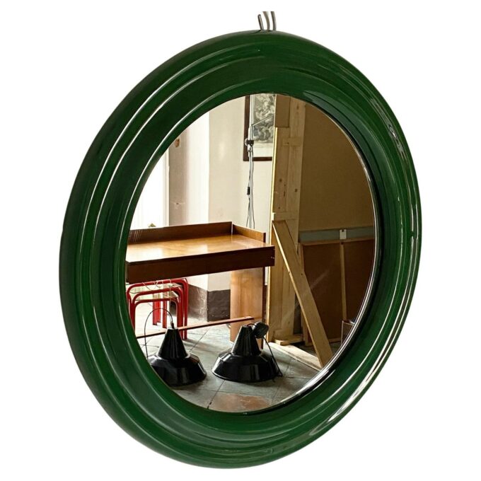 Vintage round green ceramic mirror, Italy 1970