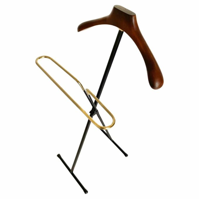 Vintage folding valet stand in wood, iron and brass, Reguitti, Italy