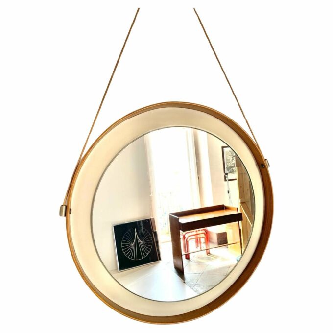 Round mirror with wood and faux leather frame, Italy 1960s