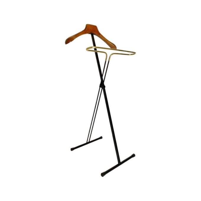 Vintage folding valet stand in wood, iron and brass, Reguitti, Italy