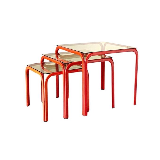 Vintage nesting tables, iron and smoked glass coffee tables, Italy 1970s