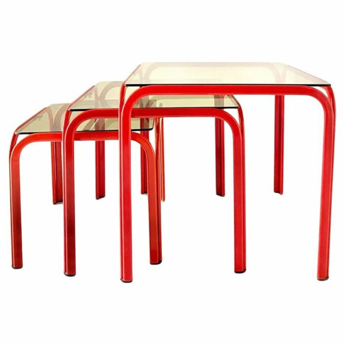 Vintage nesting tables, iron and smoked glass coffee tables, Italy 1970s