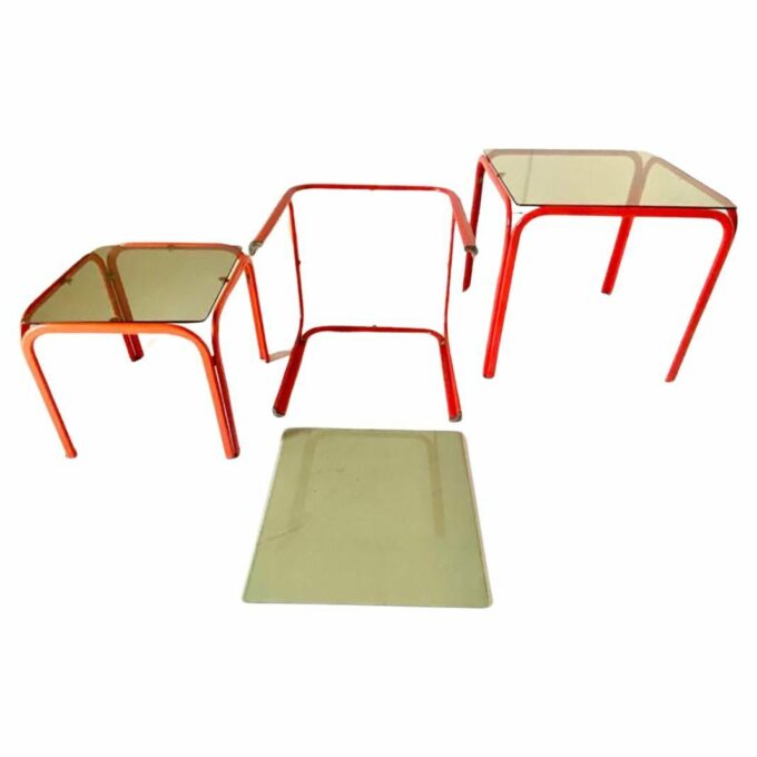 Vintage nesting tables, iron and smoked glass coffee tables, Italy 1970s