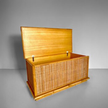 Vintage Rattan and Wood Chest Trunk, Dal Vera Italy, 1970s