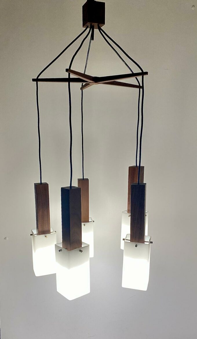 Vintage Wood Hanging Chandelier, Guzzini Italy, 1960