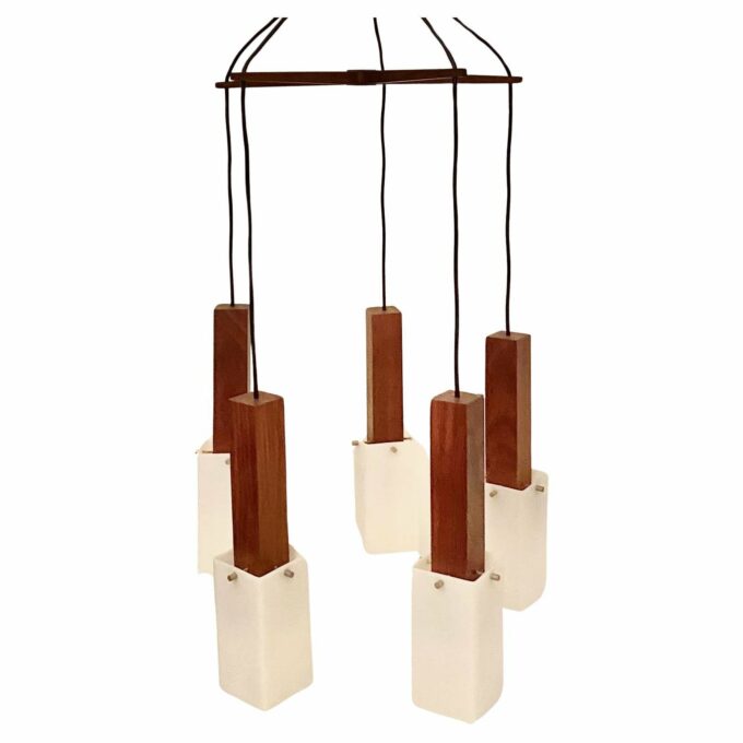 Vintage Wood Hanging Chandelier, Guzzini Italy, 1960