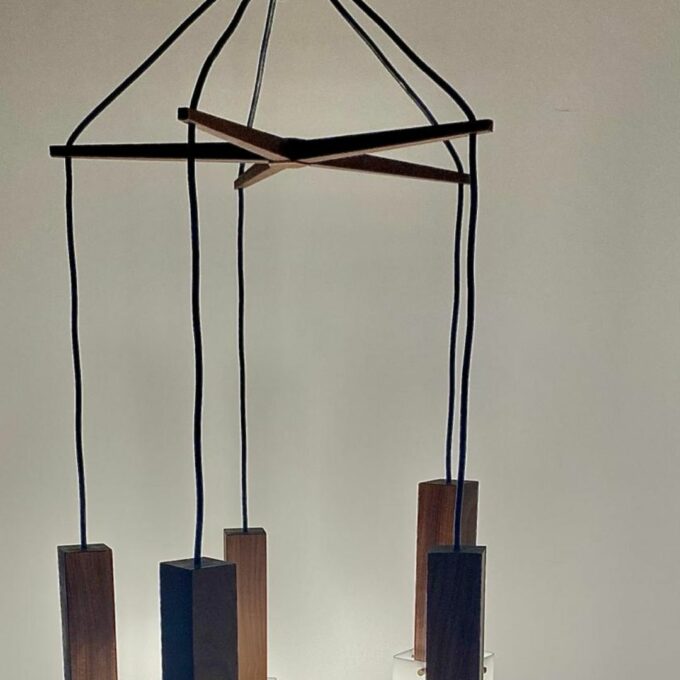 Vintage Wood Hanging Chandelier, Guzzini Italy, 1960