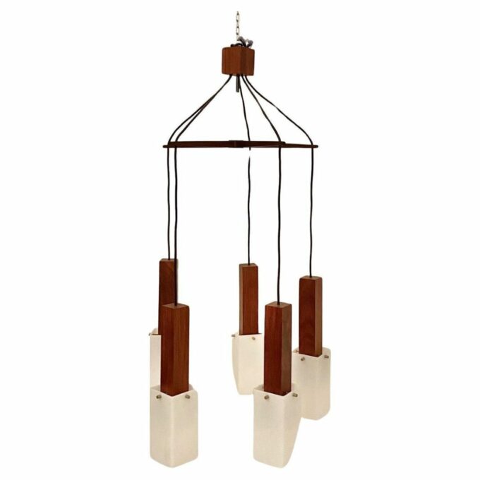 Vintage Wood Hanging Chandelier, Guzzini Italy, 1960