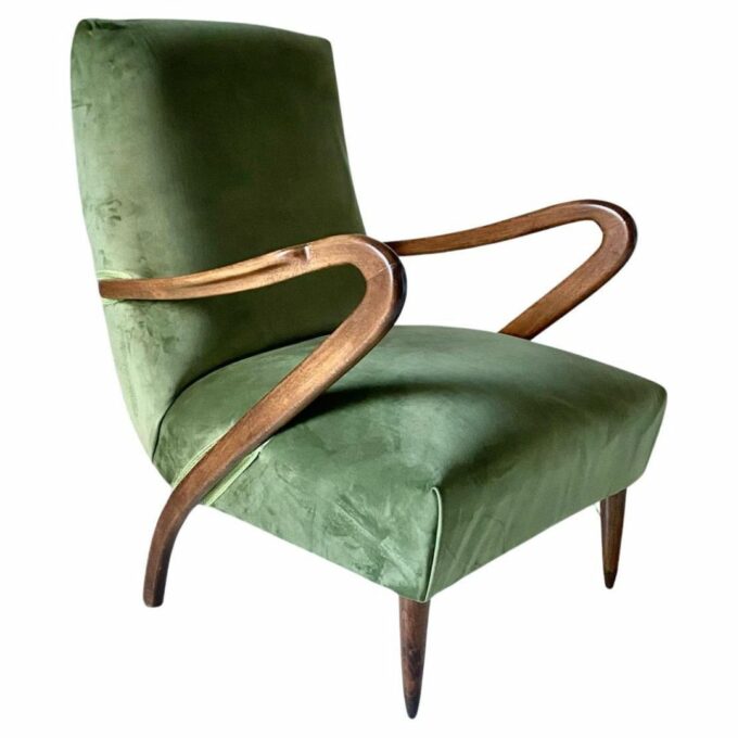 Mid Century Modern Green Velvet Armchair, Guglielmo Ulrich, Italy 1950 's