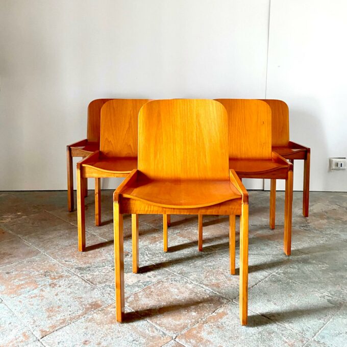 Mid Century Modern wood dining chairs, set of six, Molteni