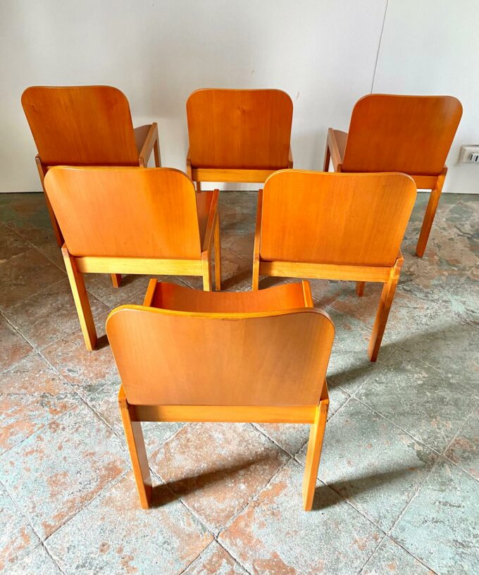 Mid Century Modern wood dining chairs, set of six, Molteni