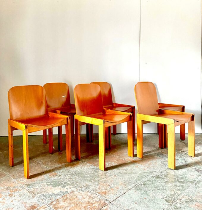 Mid Century Modern wood dining chairs, set of six, Molteni