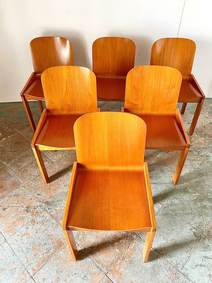 Mid Century Modern wood dining chairs, set of six, Molteni, Italy 1970s