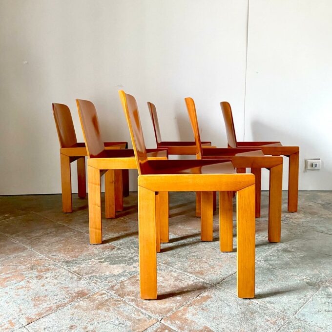 Mid Century Modern wood dining chairs, set of six, Molteni, Italy 1970s