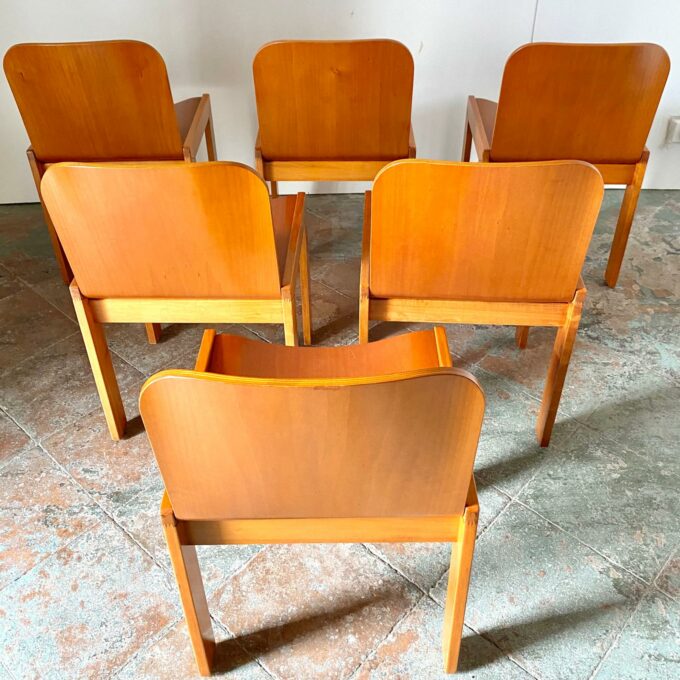 Mid Century Modern wood dining chairs, set of six, Molteni, Italy 1970s