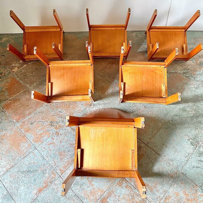 Mid Century Modern wood dining chairs, set of six, Molteni, Italy 1970s