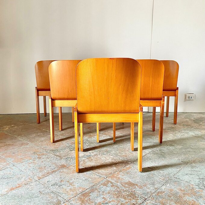 Mid Century Modern wood dining chairs, set of six, Molteni, Italy 1970s