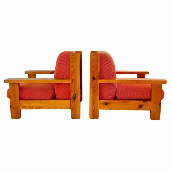 Two Mid Century Modern Vintage Wood and Red Velvet Armchairs