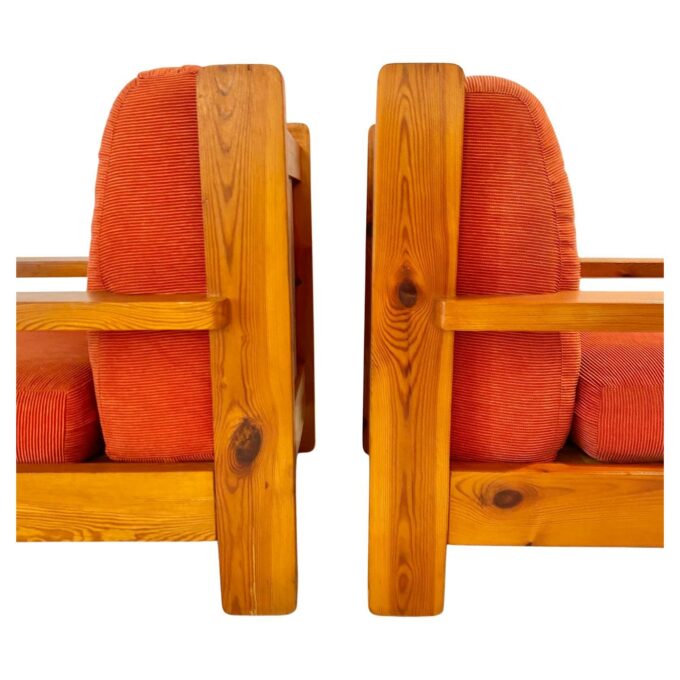 Two Mid Century Modern Vintage Wood and Red Velvet Armchairs