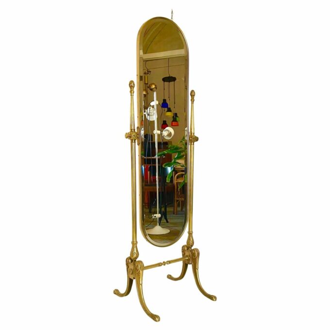 Classic baroque style Brass floor mirror, Italy 1950