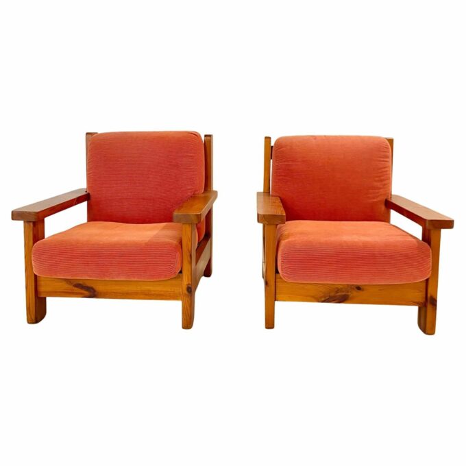 Two Mid Century Modern Vintage Wood and Red Velvet Armchairs