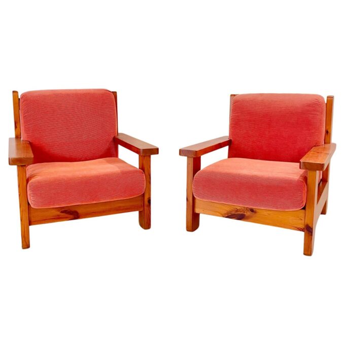 Two Mid Century Modern Vintage Wood and Red Velvet Armchairs