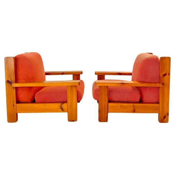 Two Mid Century Modern Vintage Wood and Red Velvet Armchairs